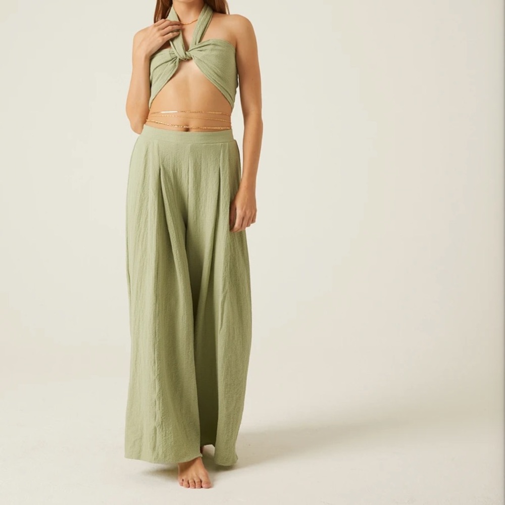 Sage Green Tie Top and Flowy Pants Set